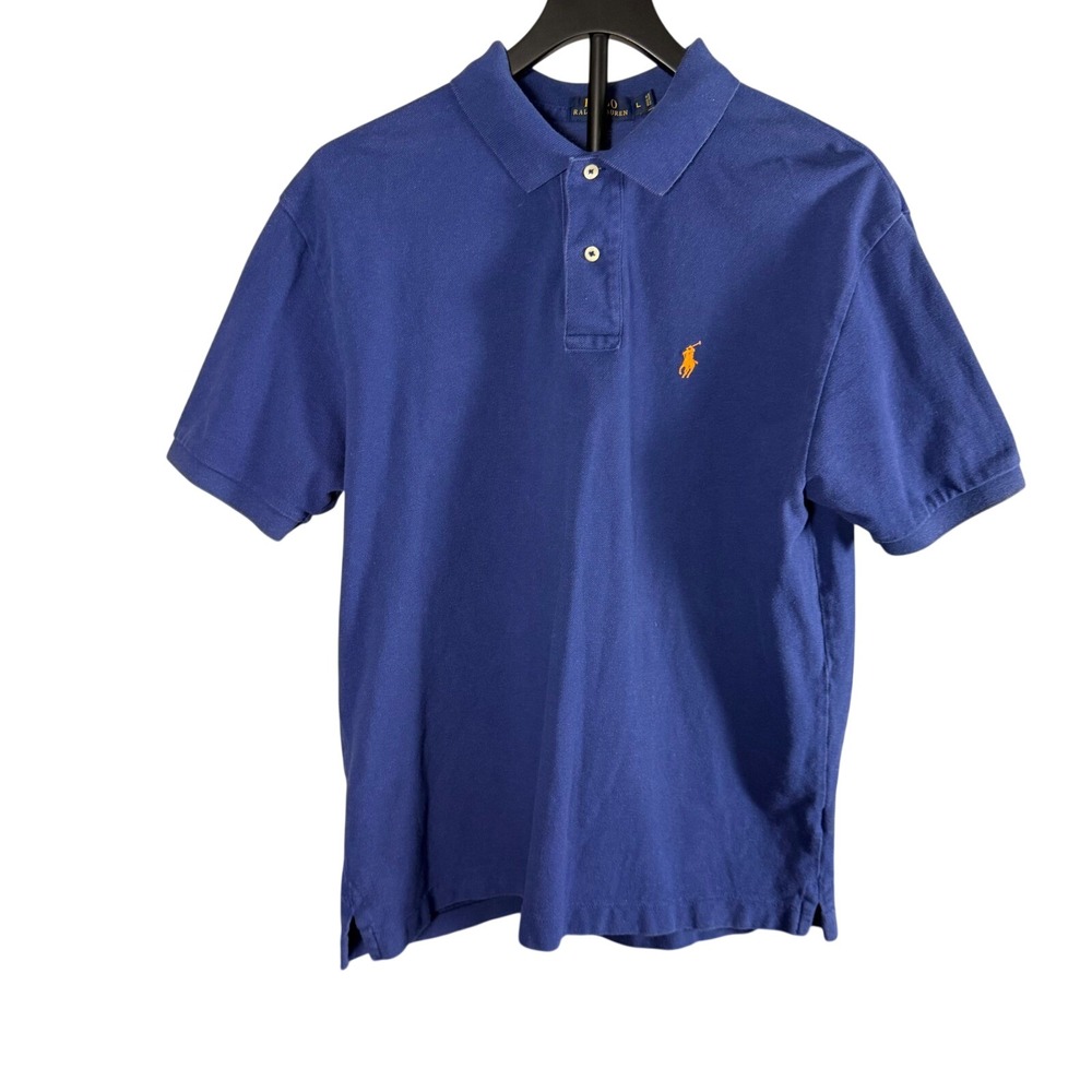 Polo Ralph Lauren Mens Blue Pique Polo Shirt Orange Pony Logo Size Large L